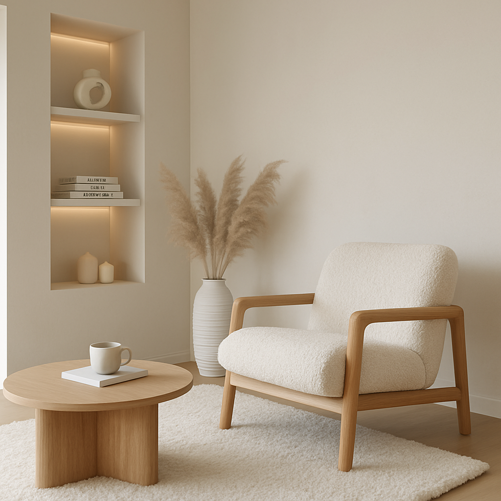 Salle d'attente épuré conçu par un designer d'intérieur rangement incrusté et lumière naturelle