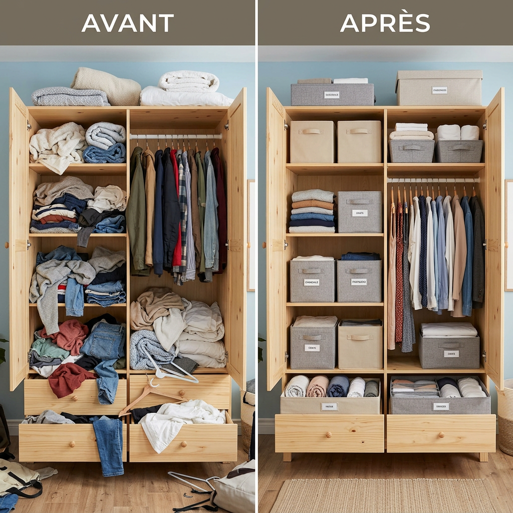 Before-and-after comparison of a cluttered and organized wooden wardrobe